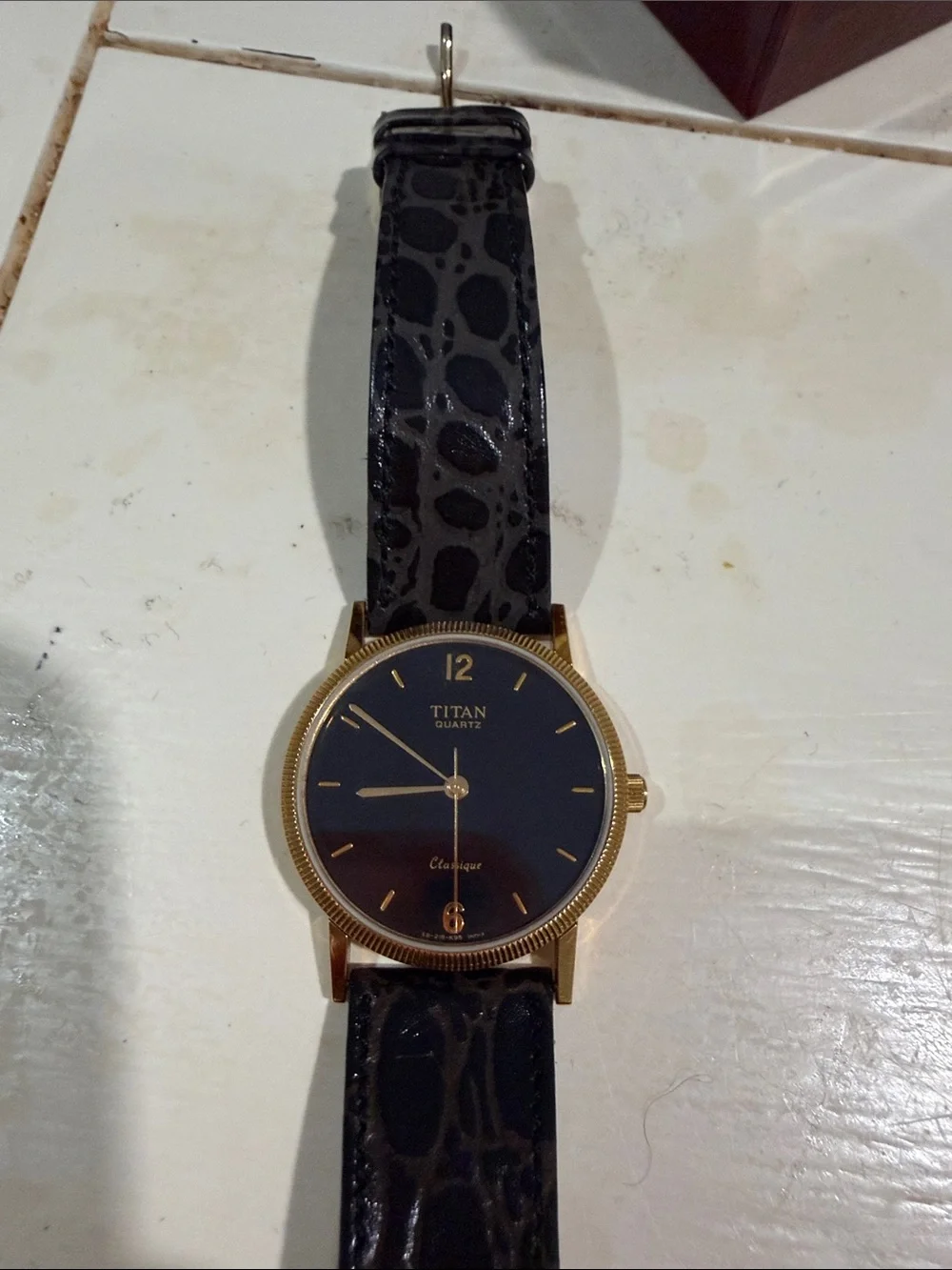 Titan Black Dial Watch with Gold-Tone Case and Black Patterned Strap